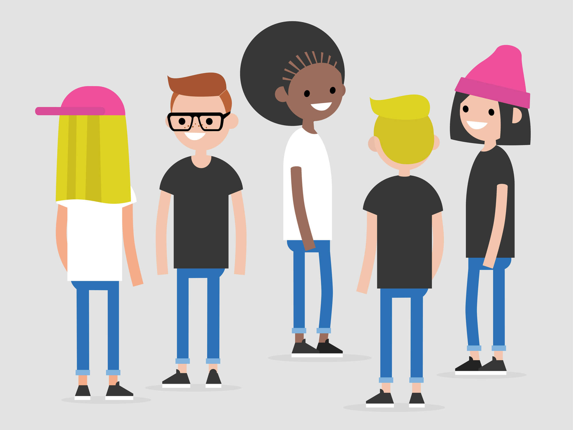 Group of multicultural young people: front, side and back view. Millennials. Lifestyle. Flat editable vector illustration, clip art